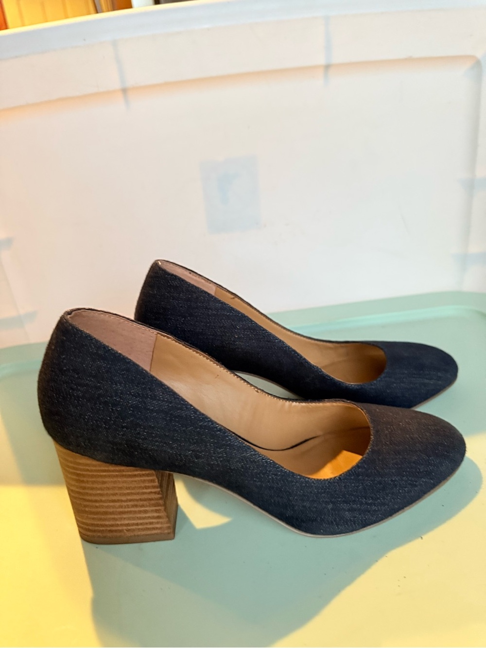 Classic Denim Block Heel Pumps - Navy
